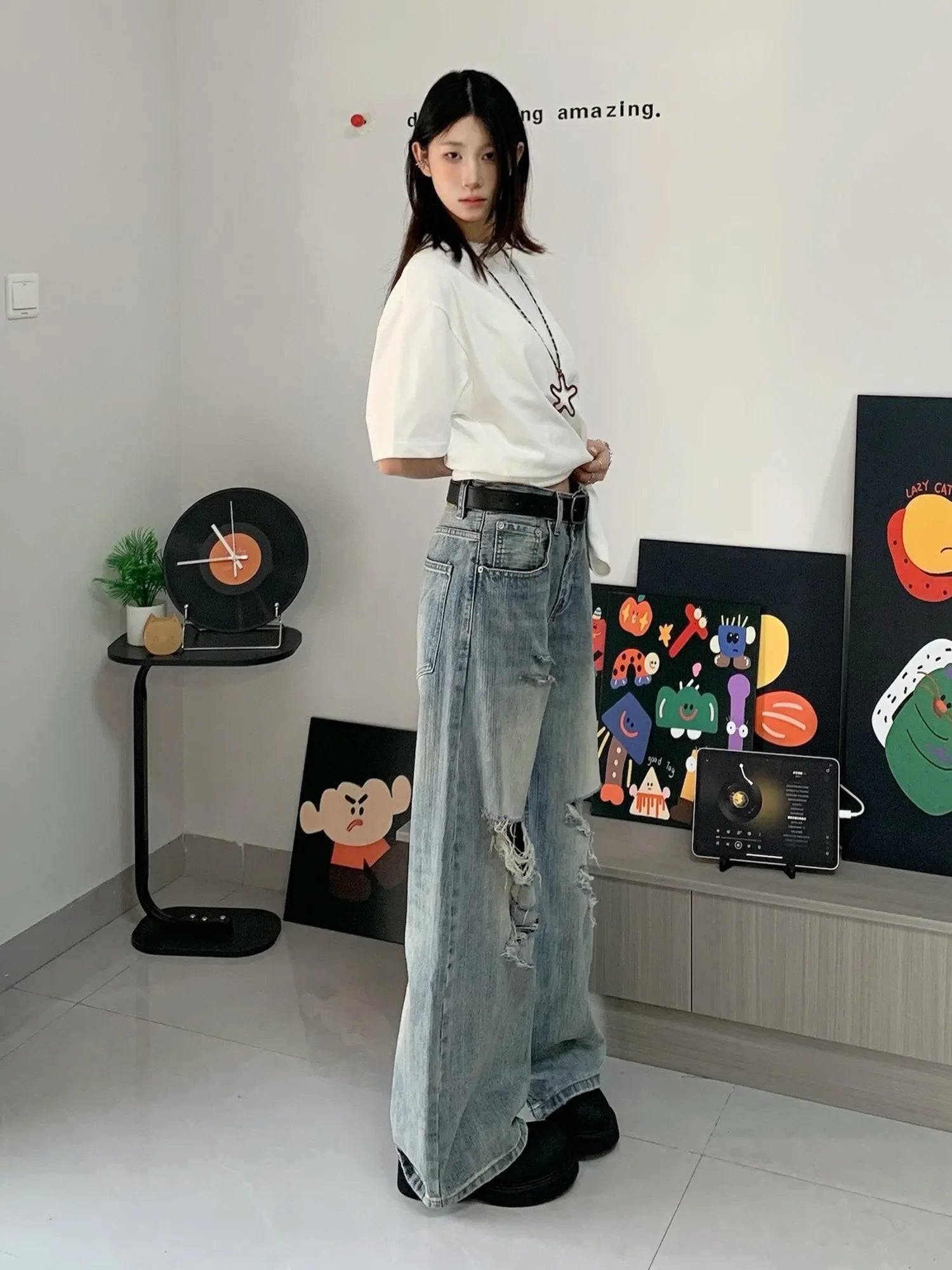 American retro new style bamboo joint old ripped jeans for men and women draped casual and versatile loose straight trousers