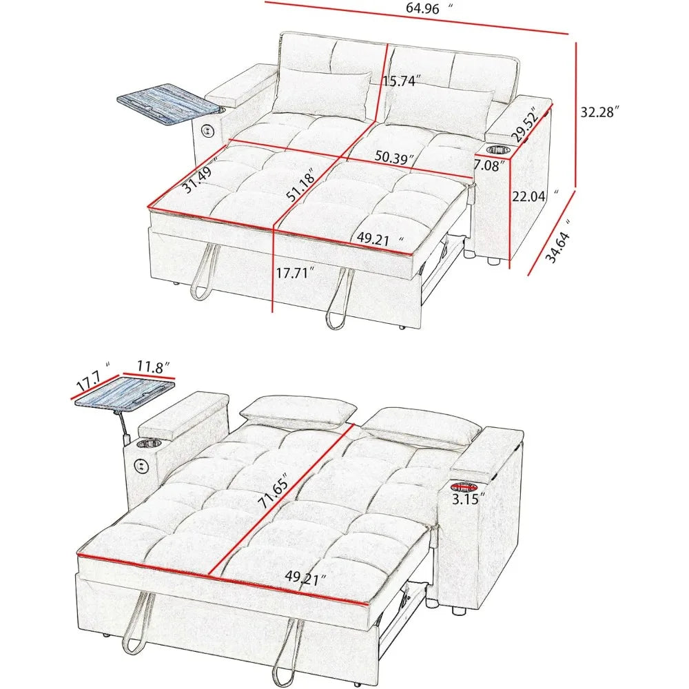 65'' 3-in-1 Folding Convertible Sofa Bed, Pullout Sofa, Modern Chenille Fabric, 360° Swivel Side Table, Easy Assembly,