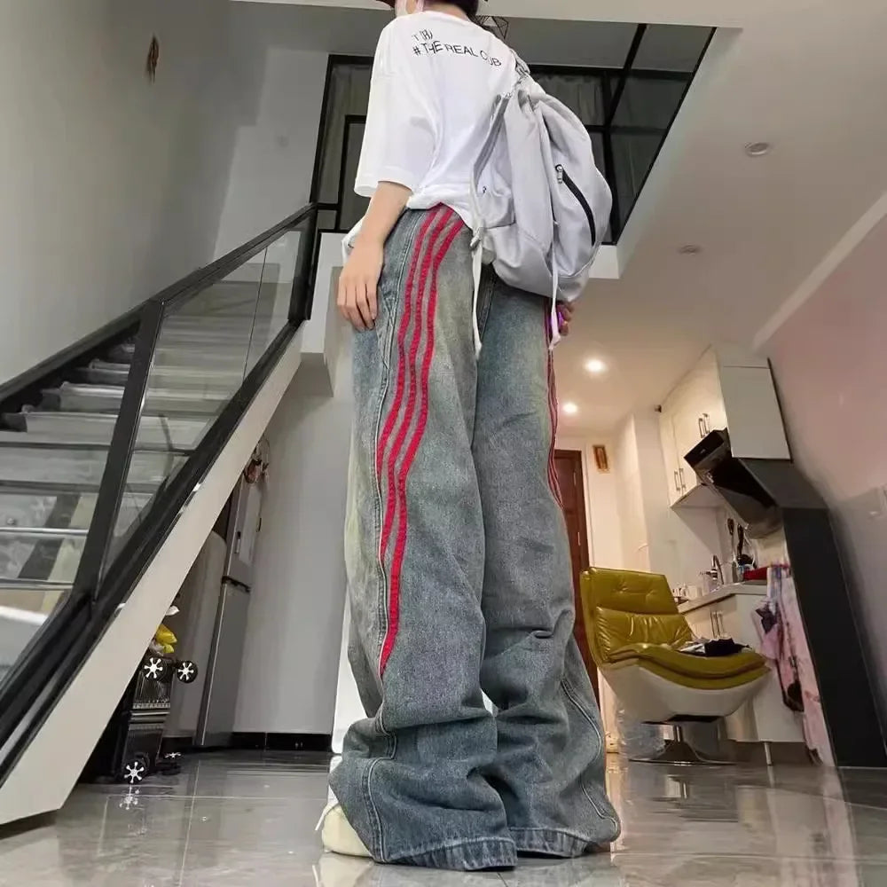 Vintage American Style High-Waisted Striped Color Blocking Jeans New Couple Model Loose Fit Bell Bottoms Fashion Sensibility Des