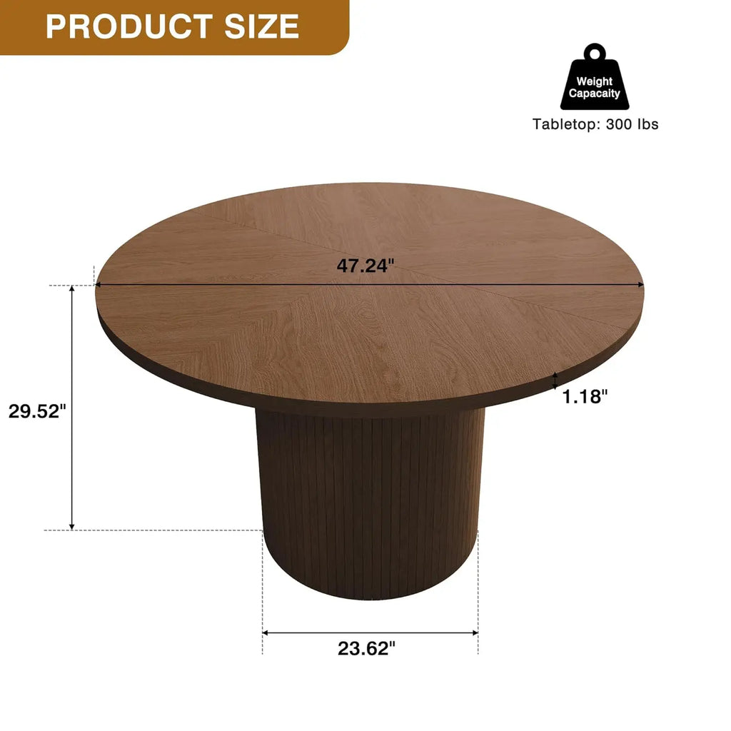 Fluted Round Dining Table, 47-inch Wood Kitchen for 4, Farmhouse Circle Table with Strip Base for Kitchen, Living Room, Walnut