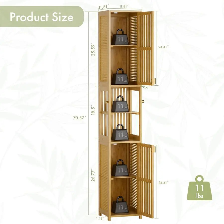 70 Tall Bathroom Storage Cabinet Bamboo, Slim Storage Cabinet with Rattan Door and Adjustable Shelves, Narrow Freestanding Organ