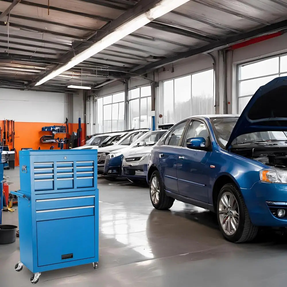 Heavy-Duty Blue 8-Drawer Rolling Tool Chest with Detachable Top Box, Lockable Drawers, Wheels, and Side Hooks for Garage Worksho