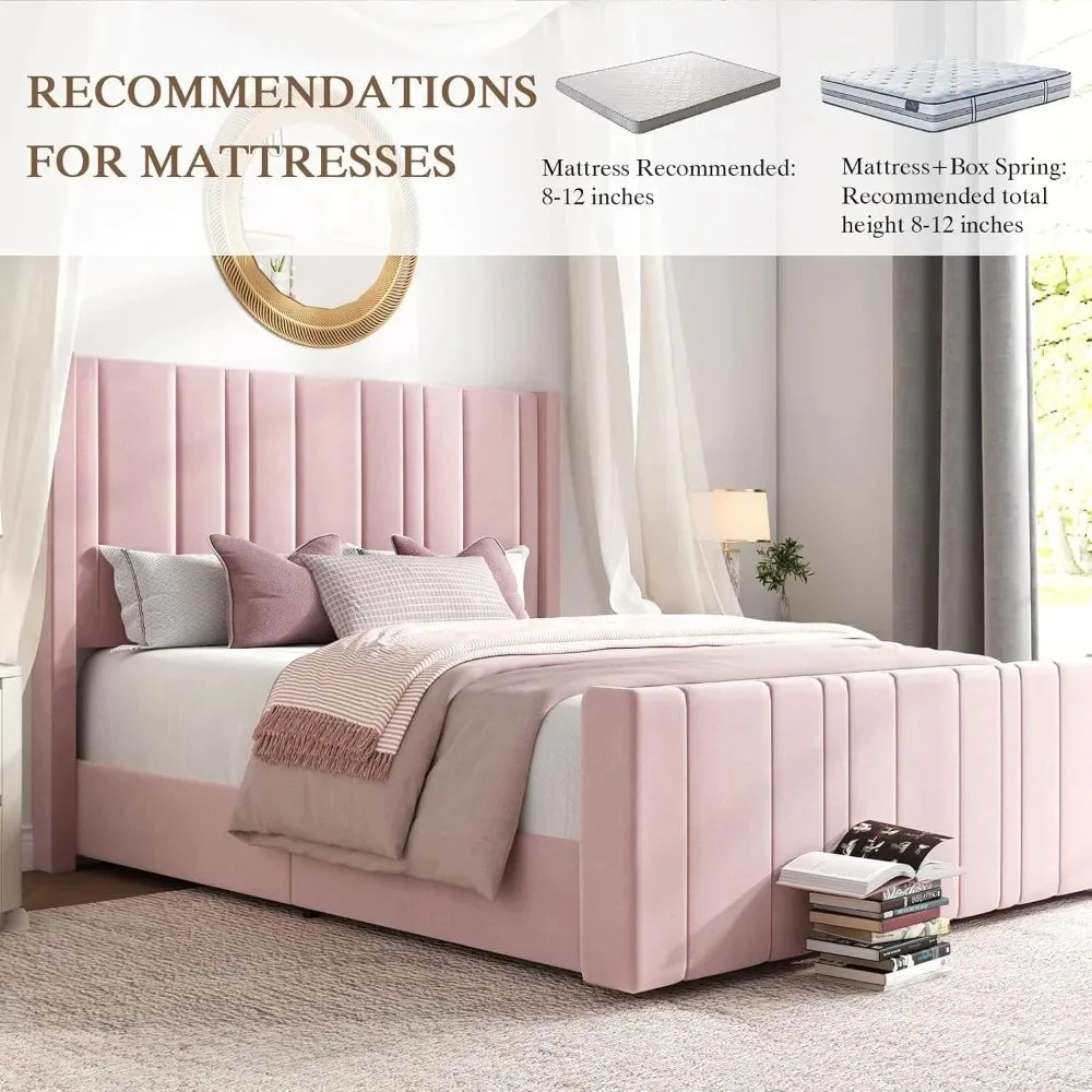 Queen Bed Frame Pink Upholstered Bed with Vertical Channel Tufted Headboard & 22" Footboard, Noise Free/Wooden Slats，Customized