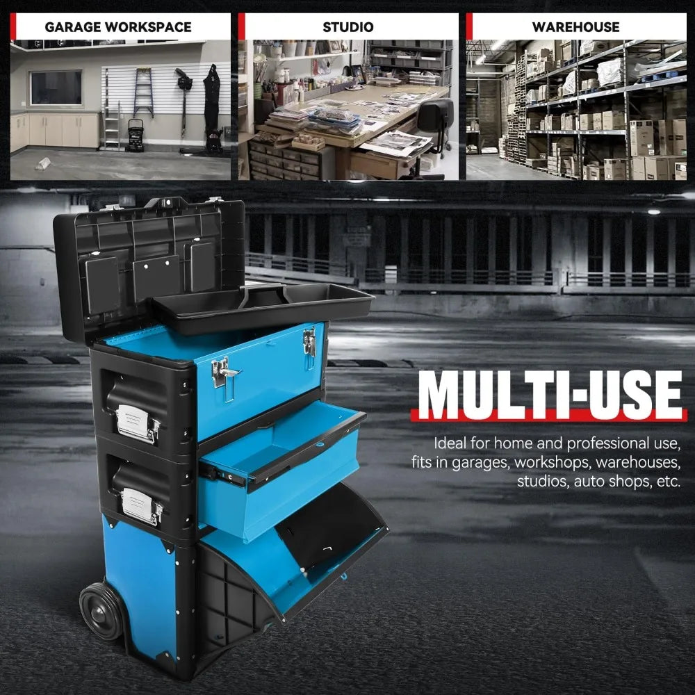 Portable 3-Tier Rolling Tool Box, 19.5 Inch Stackable Storage with Wheels, Heavy Duty Steel and Plastic Construction for Worksho