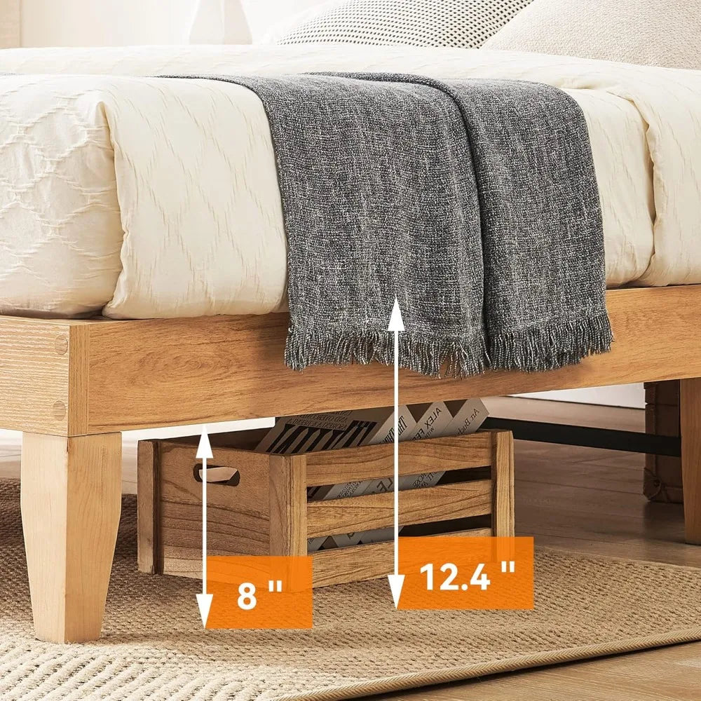Queen Size Rattan Bed Frame with Natural Headboard, Bohemian Style, LED Lighted Wooden Bed
