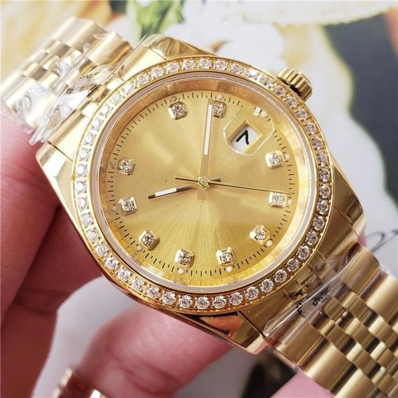 Luxury Gold Plated Mens Watch Full Diamond Bezel Automatic Mechanical Movement Multi Function All Steel Wristwatch Top Watch