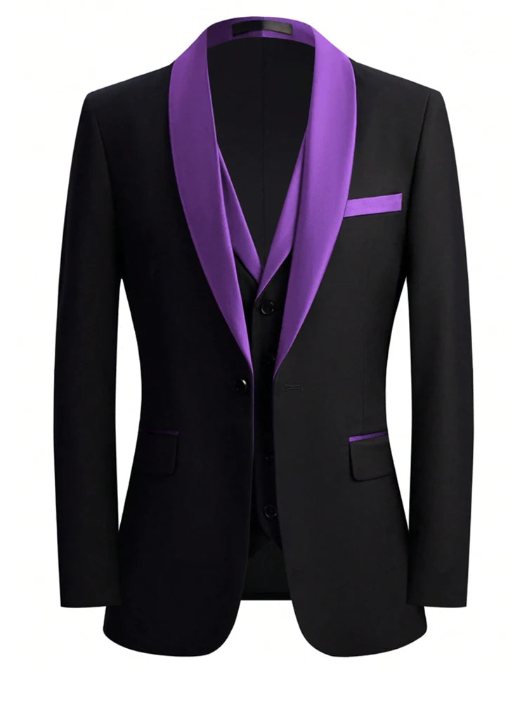 Men's three-piece suit, including tuxedo, slim-fitting suit set, suit jacket, vest, and pants, suitable for dance parties, banqu