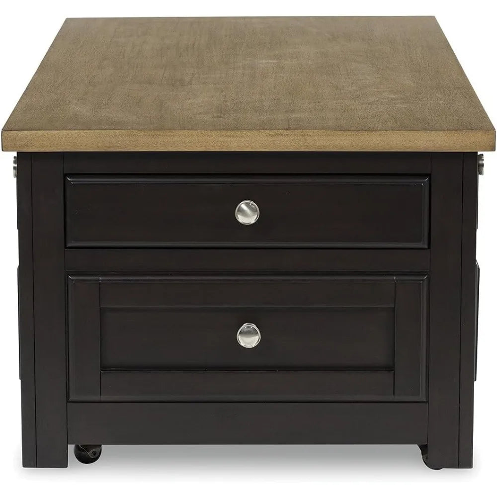 Casual Lift-Top Coffee Table with 4 Drawers and Casters, Dark & Light Brown Wood Finish