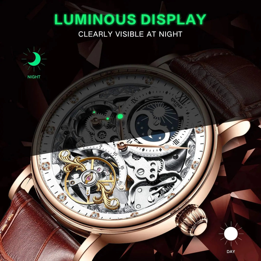 Men's Luxury Skeleton Automatic Mechanical Watch with Leather Strap, Moon Phase, Luminous Hands