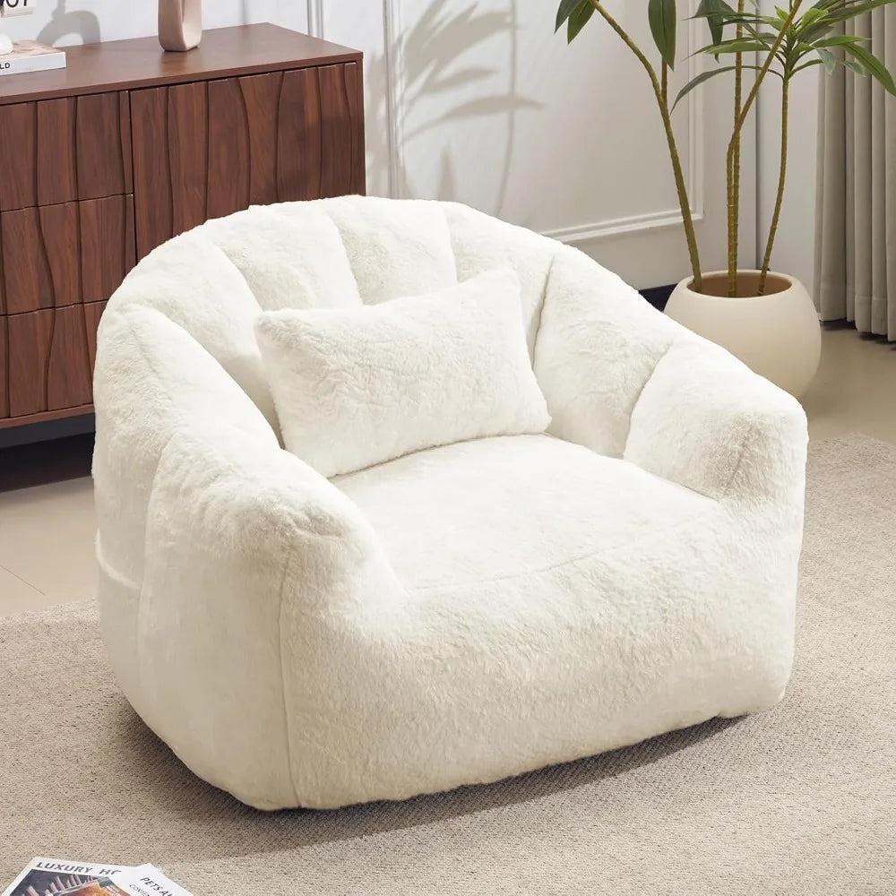 Oversized Bean Bag Chair with Pillow for Adults - Comfy Fluffy Faux Rabbit Fur Lazy Floor Sofa, Lounge Boneless Accent