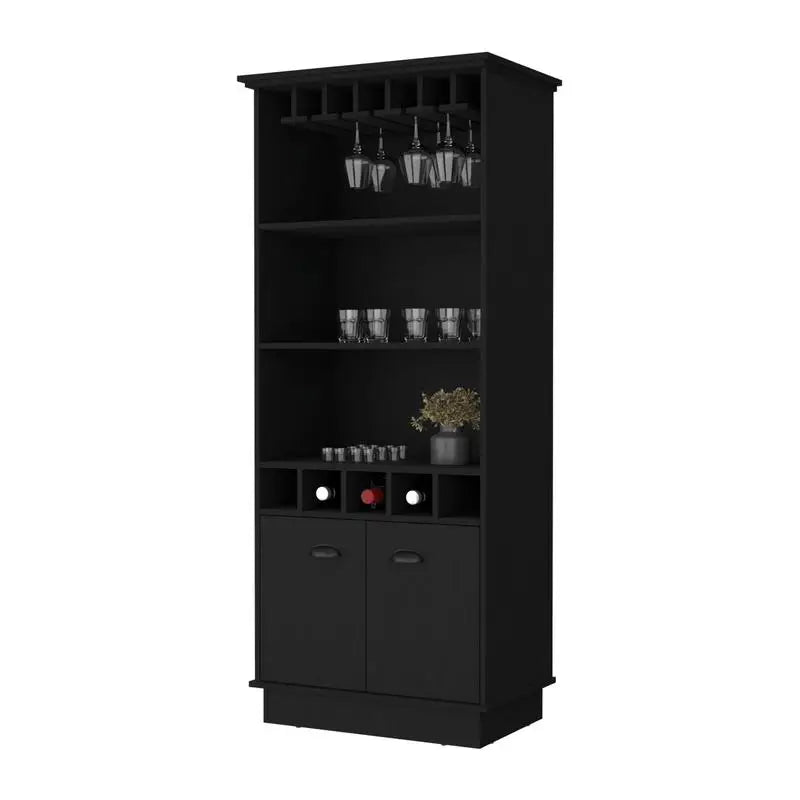 Sophia Bar Cabinet with Glassware Rack and 5 Bottle Racks, Black Finish, Modern Design for Home and Kitchen Storage