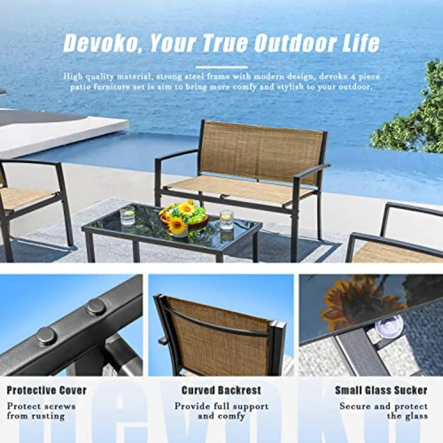 4 Pieces Patio Furniture Set Outdoor Garden Patio Conversation Sets Poolside Lawn Chairs with Glass Coffee Table Porch Furnitur