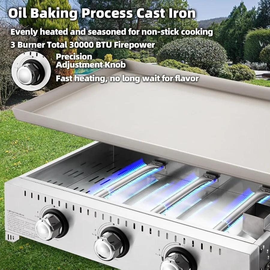 3 Burner 30000 BTU Outdoor Gas Griddle with Lid Portable Flat Top Griddle 28 Inch Heavy Duty Cast Iron Grill in Black with Bott