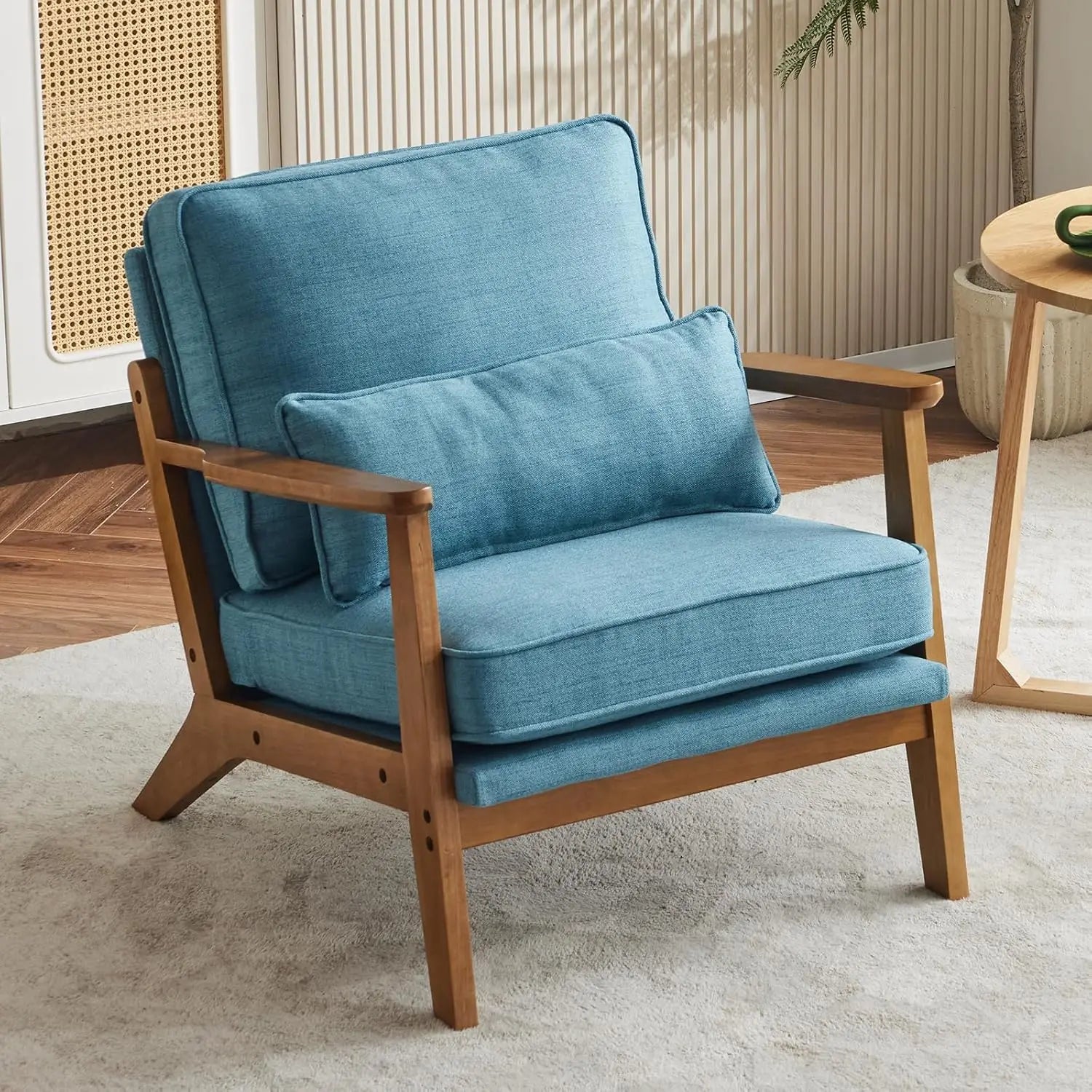 Accent Chair Wide Armrest Mid-Century Lounge Chair Teddy Fleece Armchair with Lumbar Pillow & Solid Wood Frame for ,Customized