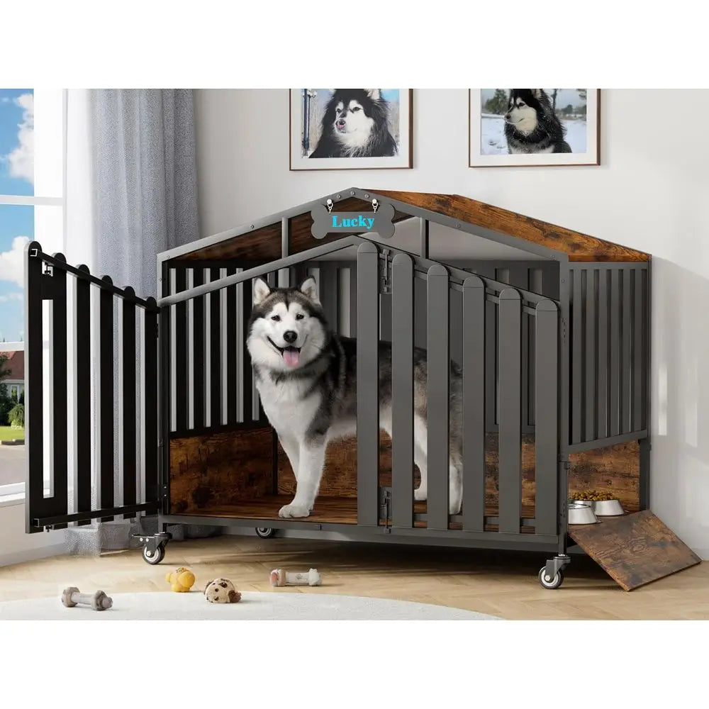 Heavy Duty Dog Crate Furniture, Dog Kennel Indoor with 360° Wheels, Dog Crates for Large Dogs (Over 60lb), Dog House with Feedin