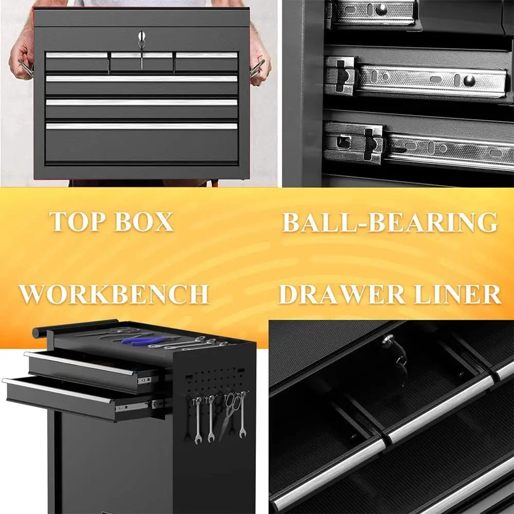 4-Wheel Portable Tool Chest with Lockable Top Box, 8-Drawer Storage for Garage and Warehouse (Stylish Black)