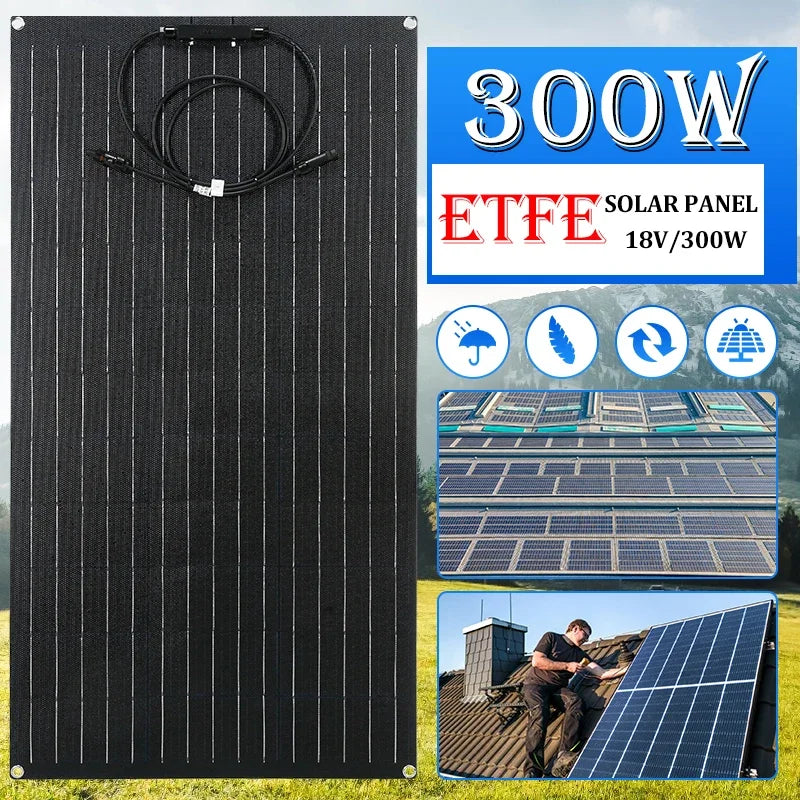 ETFE 300W Solar Panel 18V Semi-flexible Monocrystalline Solar Cell DIY Cable Outdoor Car RV Waterproof Rechargeable Power System