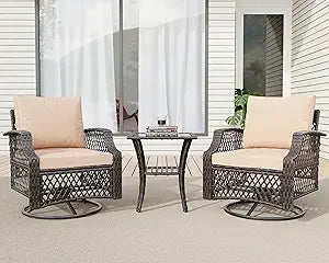 3 Piece Outdoor Swivel Chair Set, Wicker Patio Bistro Set with Thickened 25D Cushions and Glass Coffee Table, Patio Furniture C