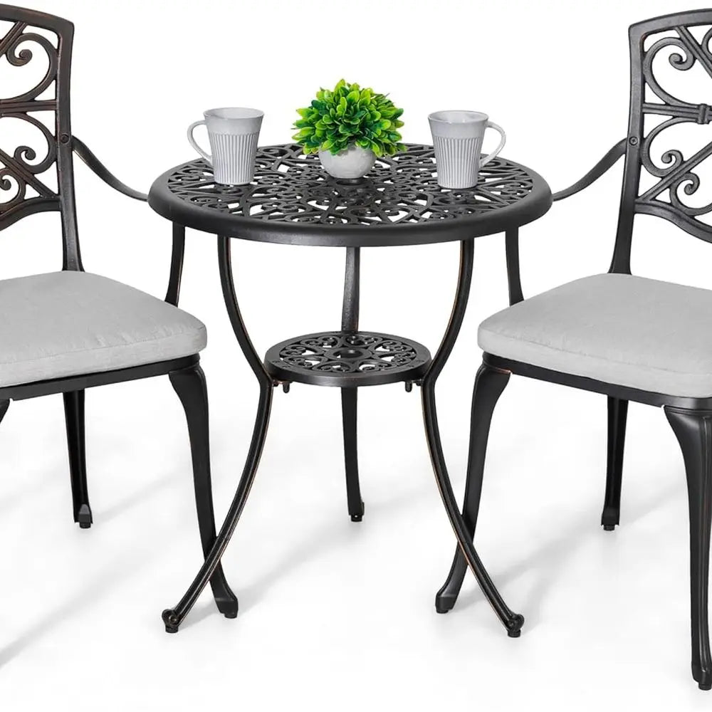 3 Piece Outdoor All Weather Cast Aluminum Patio Bistro Set Patio Table and Chairs Set of 2 with Umbrella Hole and Grey Cushions