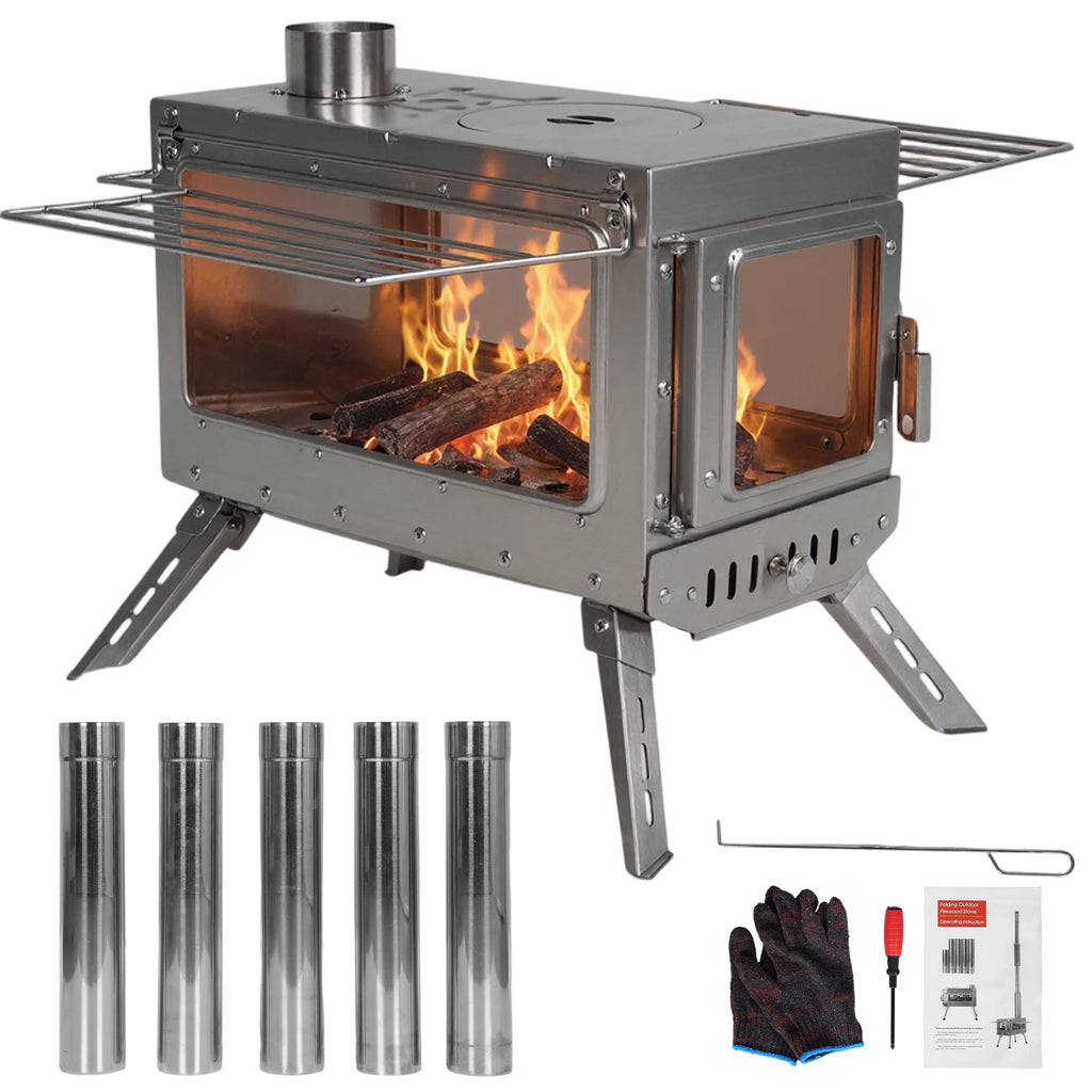 Large Tent Stove with Chimney Pipe Stainless Steel Firebox Rust Proof Outdoor Camping Wood-Burning Stove w/ Dual Glass Windows