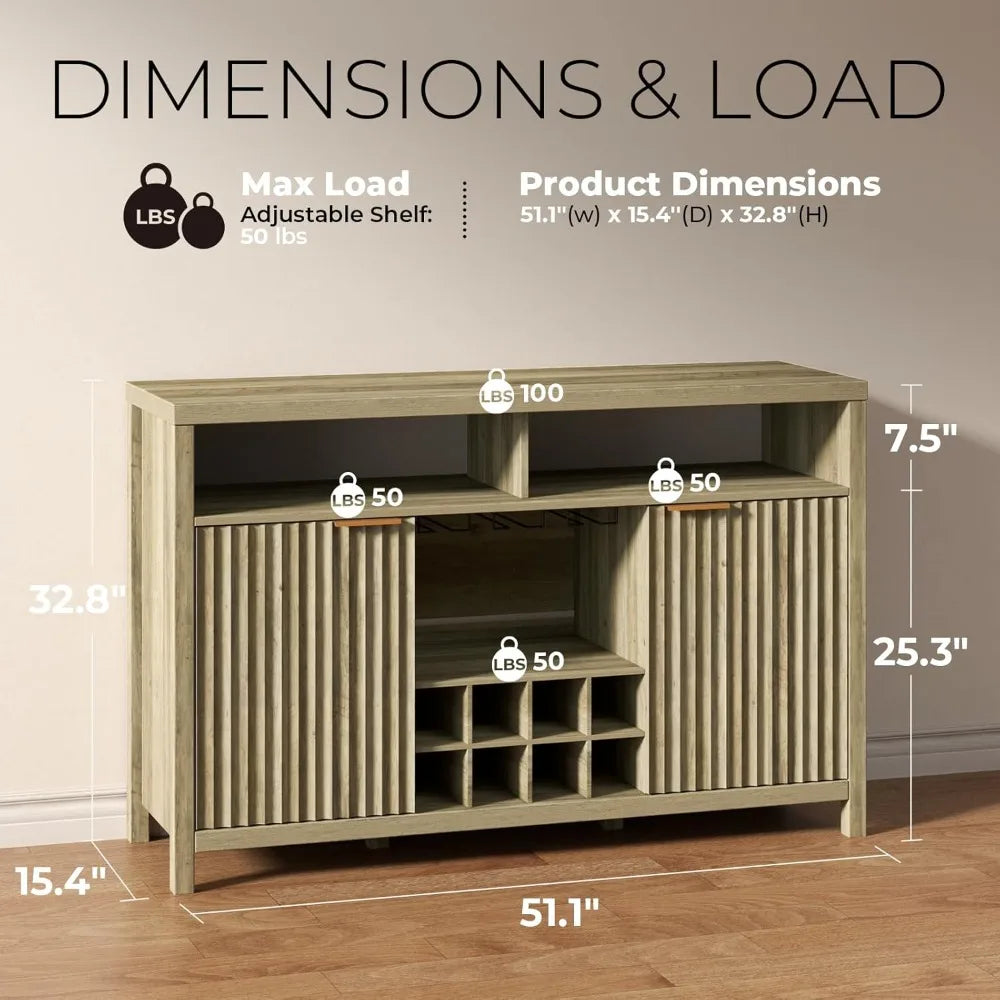 Fluted Bar Cabinet for Liquor, 51 Wide Modern Coffee Bar Sideboard with Glass Rack Adjustable Shelves, Farmhouse Buffet