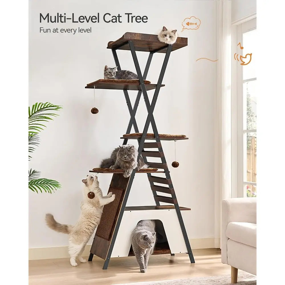 Indoor 72.4 Multi-Level Cat Tree with Caves, Scratching Board, Large Perch, Removable Pads, Rustic Brown