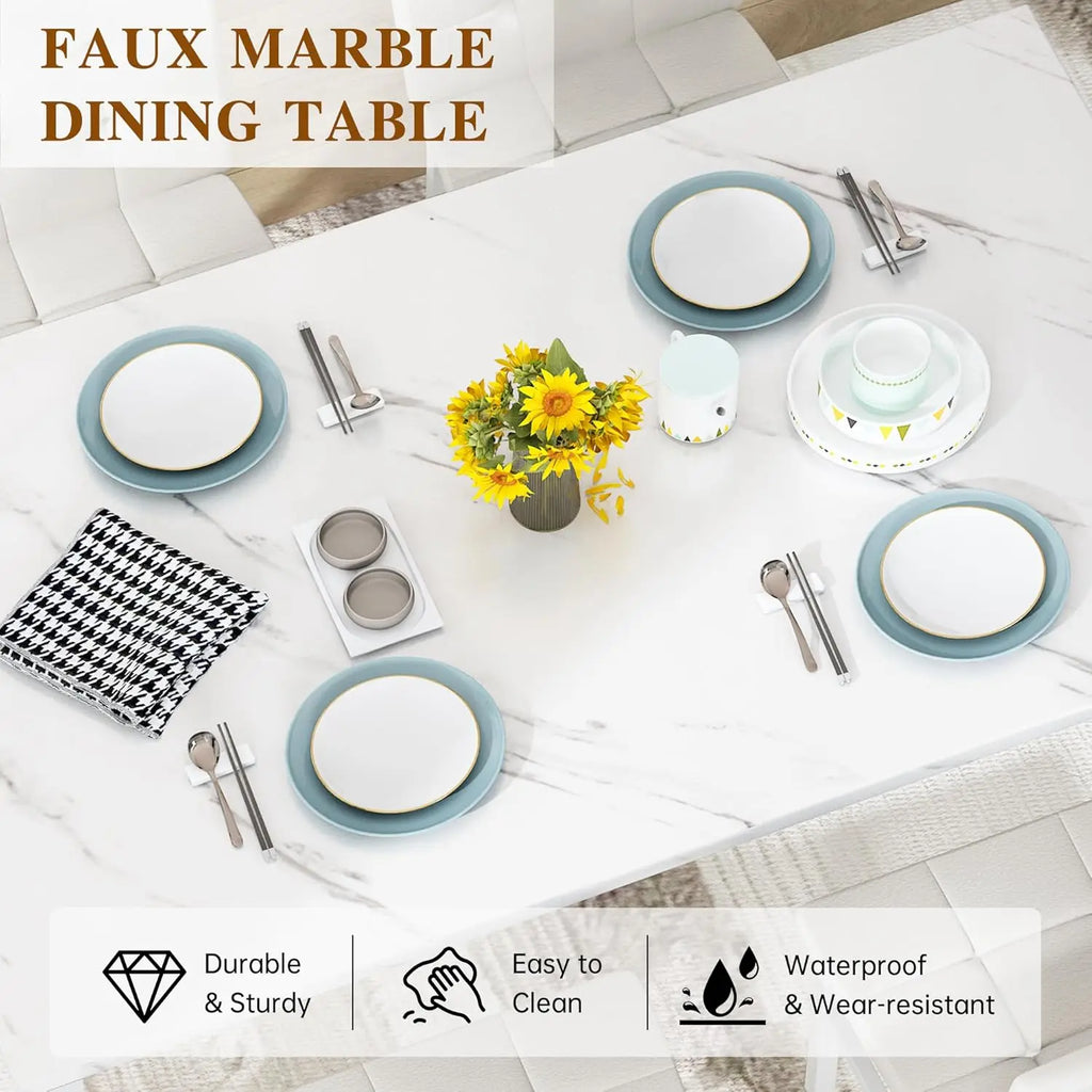 Dining Table Set for 4, Faux Marble Kitchen Table with 4 Leather Chairs, Modern White Dinette Set for Small Spaces