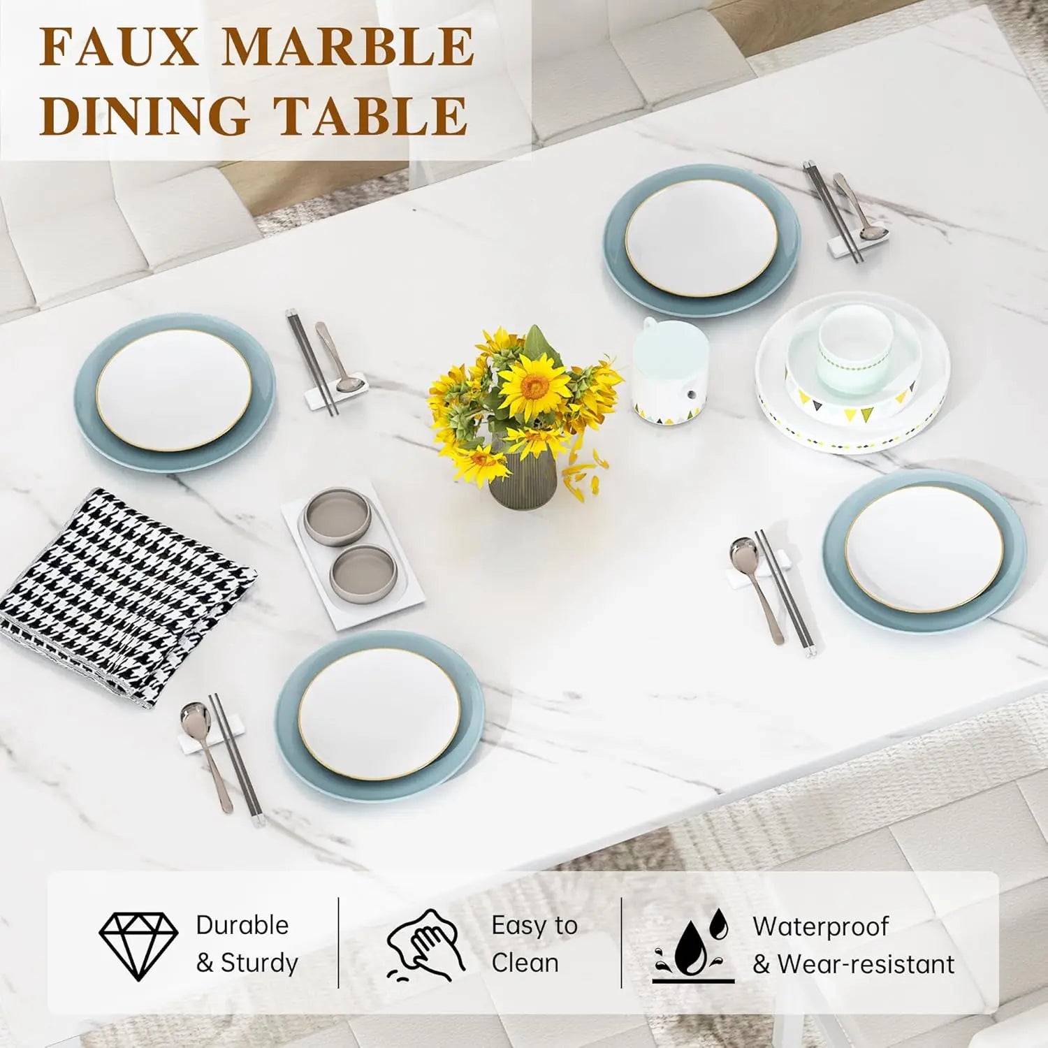 Dining Table Set for 4, Faux Marble Kitchen Table with 4 Leather Chairs, Modern White Dinette Set for Small Spaces