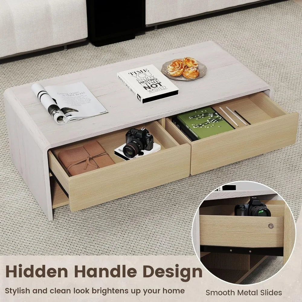Coffee Table with Storage Drawers, 43 Inch Modern Cocktail Tea Table with 2 Compartments, Wooden Rectangular Center Table