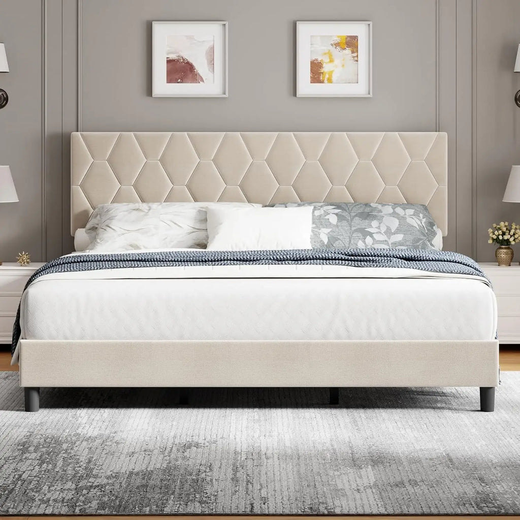 Beige King Bed Frame with Upholstered Headboard, Heavy-Duty Platform Bed Frame with Strong Wood Slats, No Box Spring Needed