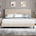 Beige King Bed Frame with Upholstered Headboard, Heavy-Duty Platform Bed Frame with Strong Wood Slats, No Box Spring Needed