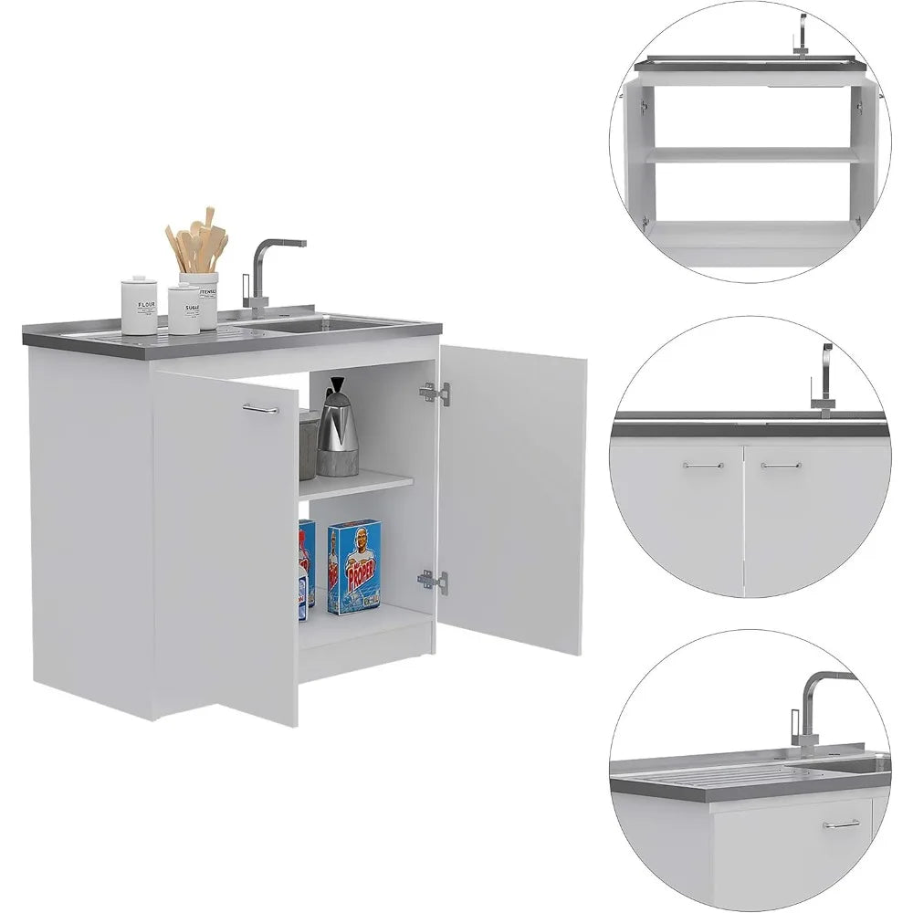 White Double Door Utility Sink Cabinet with 2 Shelves and Metal Handles