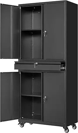 Yizosh Metal Garage Storage Cabinet with Secure Locking Doors and Adjustable Shelves, 73-Inch Rolling Tool Storage Cabinet with