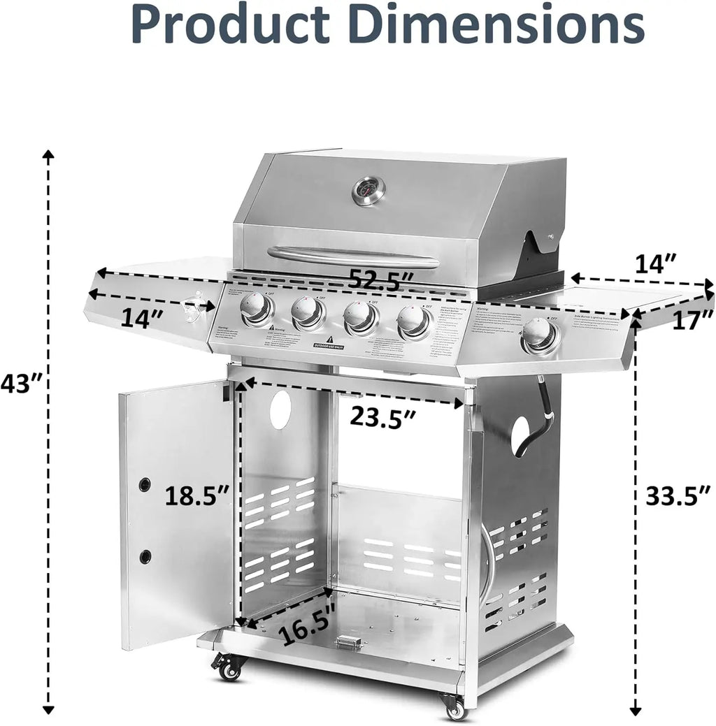 Propane Gas Grill 4 Burners with Side Burner, Stainless Steel Grill Cart with Wheels for Outdoor Patio Garden Backyard Cooking b