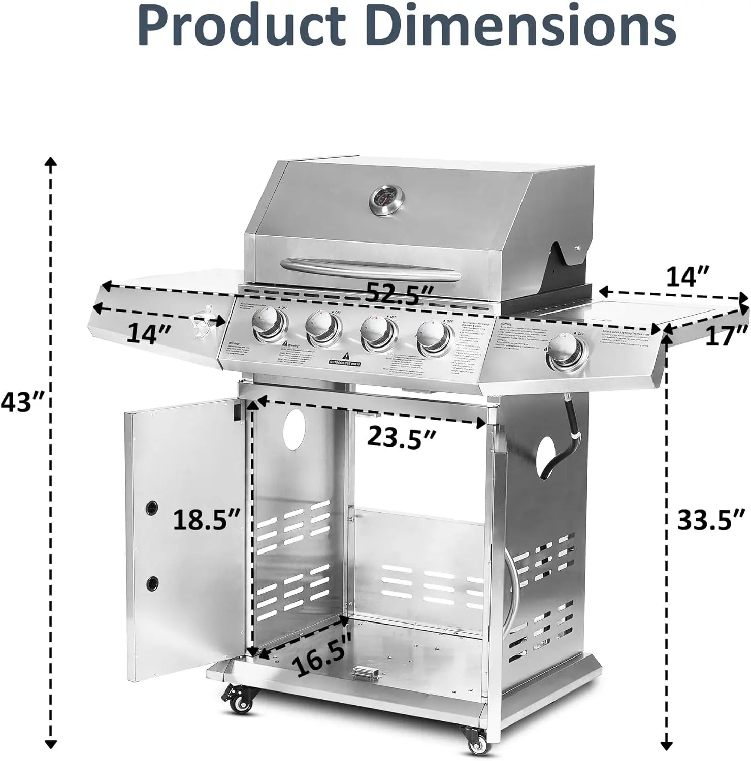Propane Gas Grill 4 Burners with Side Burner, Stainless Steel Grill Cart with Wheels for Outdoor Patio Garden Backyard Cooking b