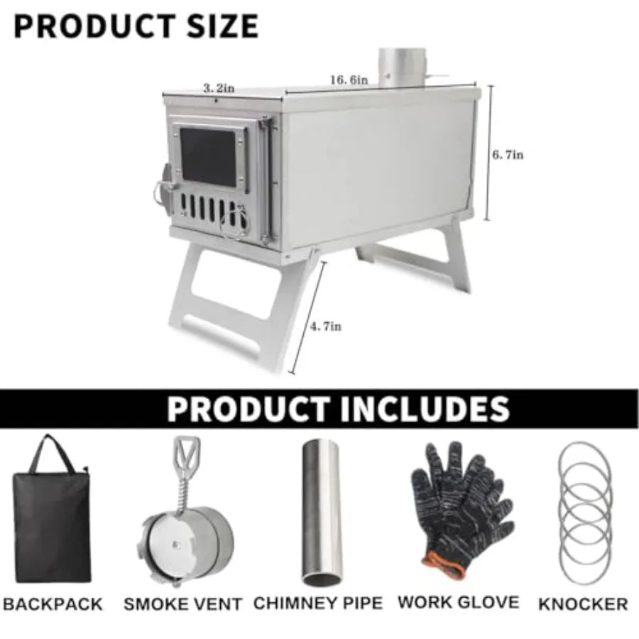 Portable WoodBurning Stove for Camping with Backpack and 8.6 ft Chimney Pipe; Lightweight and Foldable for Tent Hunting Ice Fis