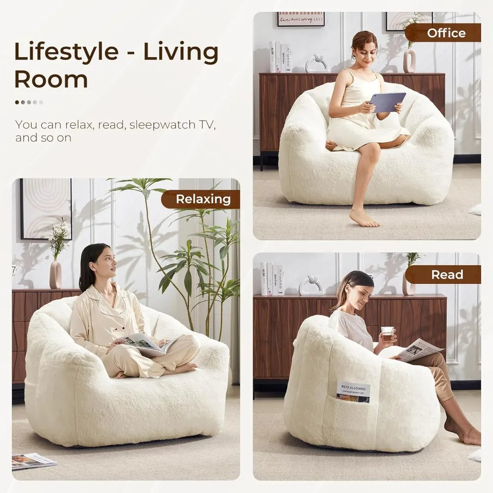 Oversized Bean Bag Chair with Pillow for Adults - Comfy Fluffy Faux Rabbit Fur Lazy Floor Sofa, Lounge Boneless Accent
