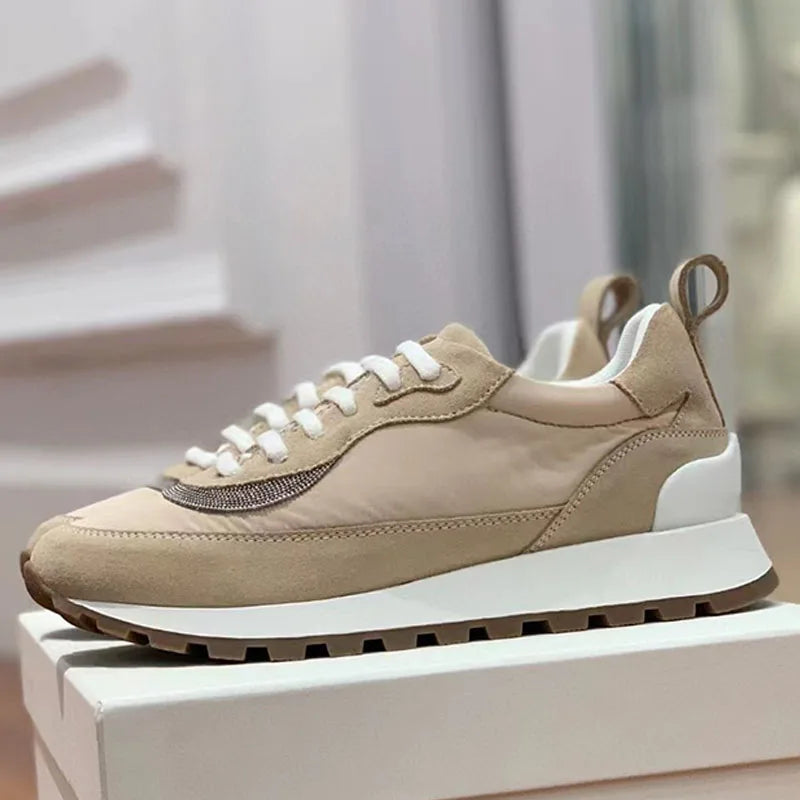 Spring Autumn Sneakers Women Lace Up Round Toe Flat Shoes Lady Suede Leather Patchwork Casual Comfort Outdoor Sports Shoes Woman