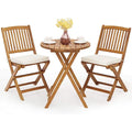 Outdoor Patio Bistro Set with Folding Wooden Table and 2 Cushioned Chairs, Natural and Beige for Garden and Yard