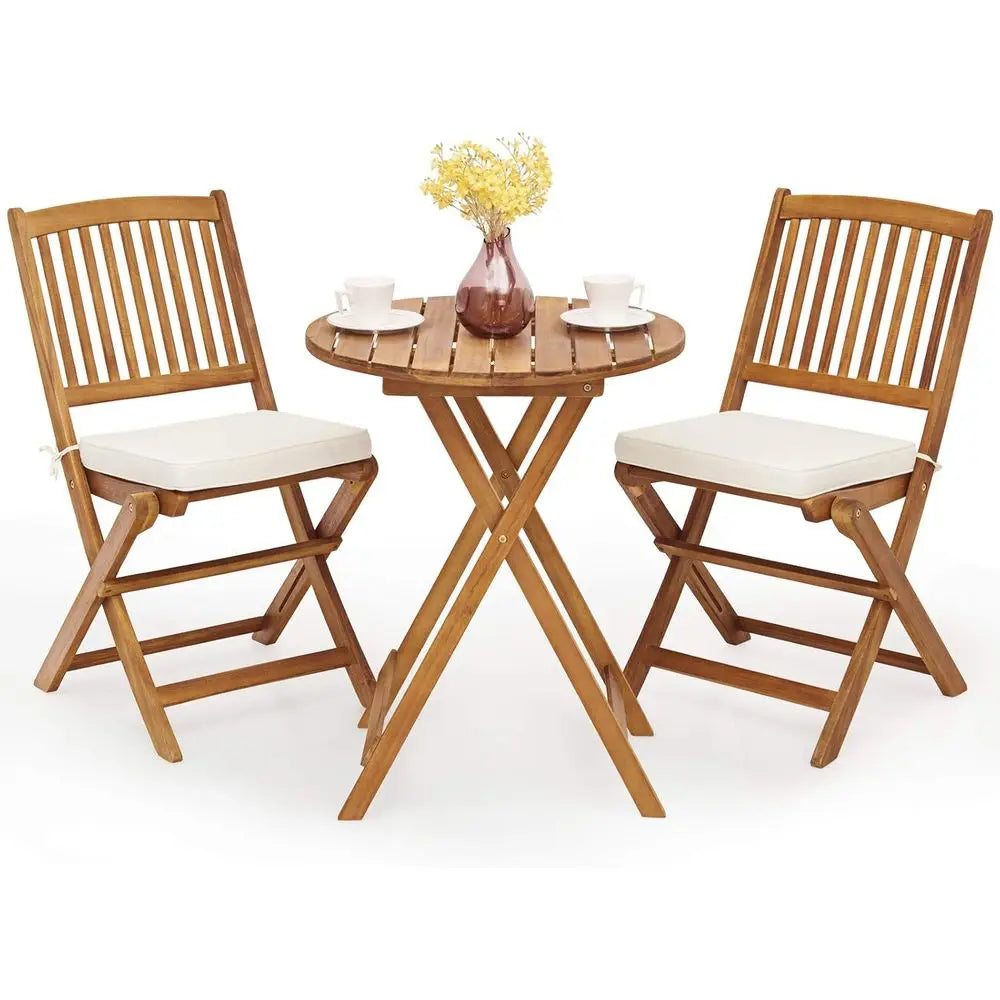 Outdoor Patio Bistro Set with Folding Wooden Table and 2 Cushioned Chairs, Natural and Beige for Garden and Yard