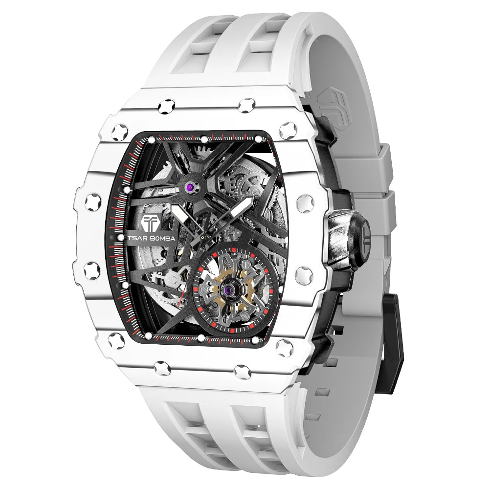 TSAR BOMBA Automatic Watch Men Carbon Fiber Mechanical Wristwatch Skeleton Clock Mens Tonneau Luxury Watches