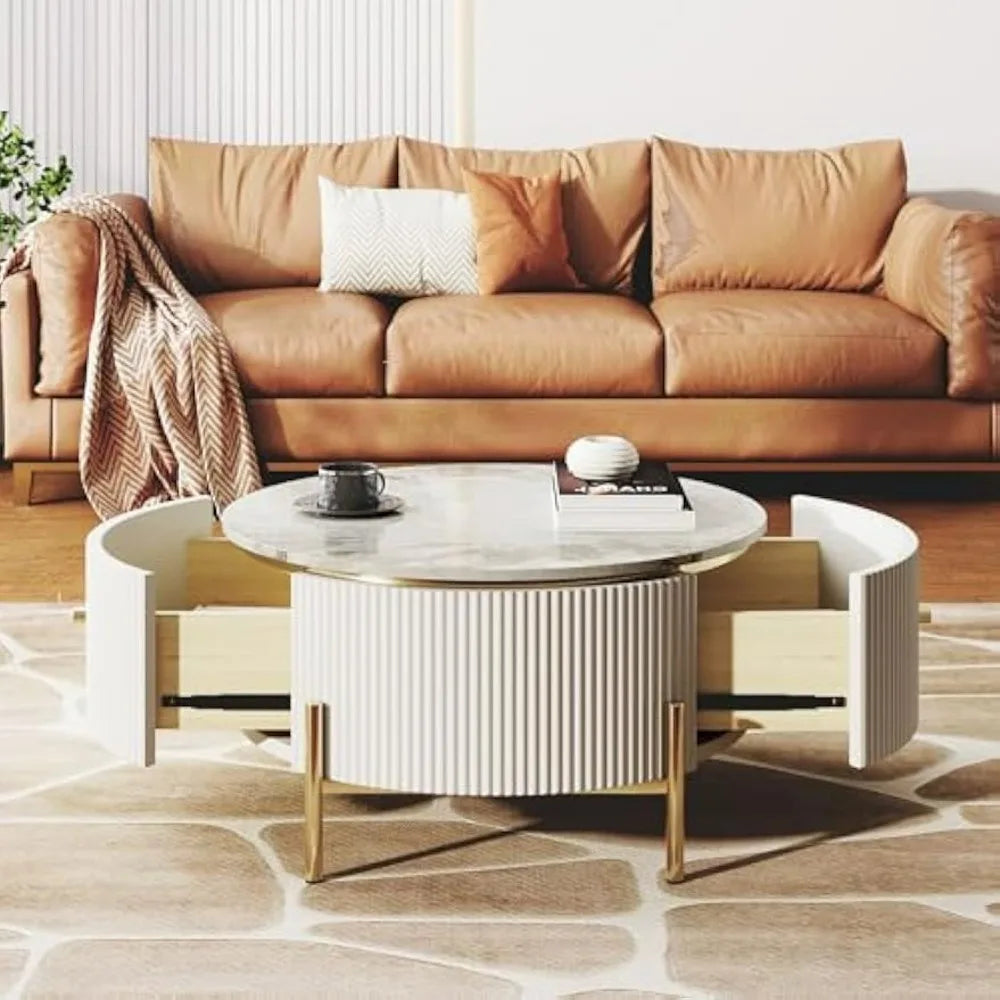 Modern Marble-Patterned Coffee Table with Two Large Drawers, Golden Legs for Elegant Living Room Storage
