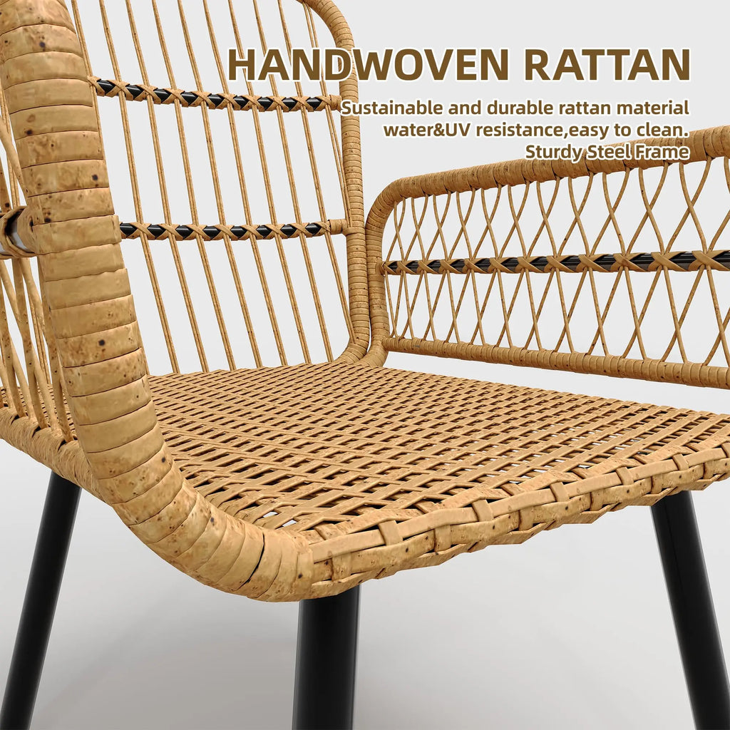 3 Piece Outdoor Patio Bistro Set, Glass Top Coffee Table and Cushioned Chairs Set of 2, All-Weather Rattan Balcony Furniture Set