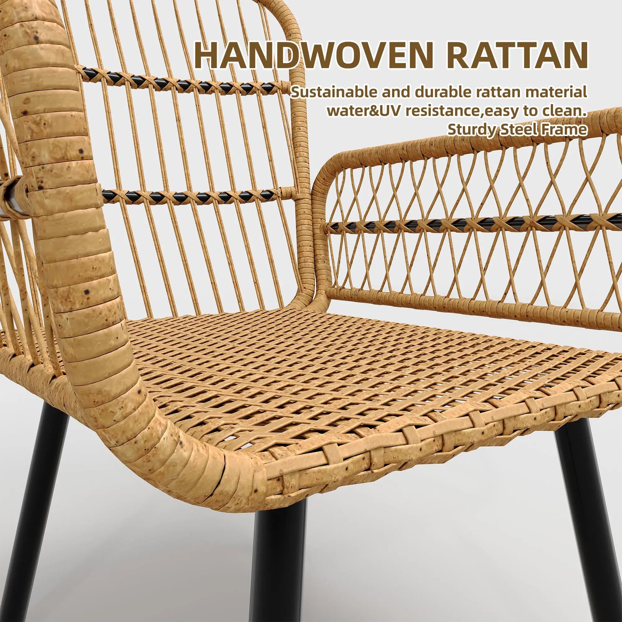 3 Piece Outdoor Patio Bistro Set, Glass Top Coffee Table and Cushioned Chairs Set of 2, All-Weather Rattan Balcony Furniture Set