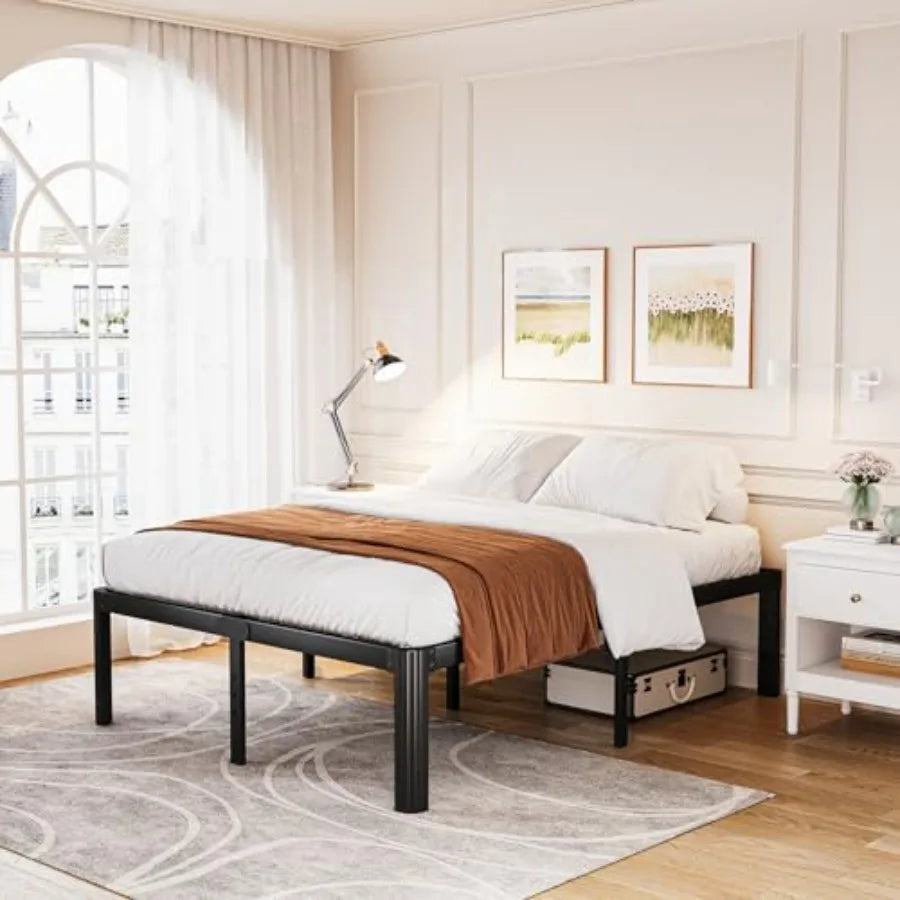 Queen Bed Frame 18 Inch High Metal Platform Bed with Round Corner Leg No Box Spring Needed Heavy Duty Noise-Free Bed Base Easy