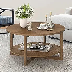Rustic Modern 35 Circle Coffee Table with 2-Tier Storage Shelf, Dark Wood Living Room Furniture