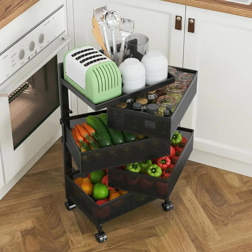 4-Tier Metal Fruit Basket with Rolling Kitchen Storage Rack, Sturdy Vegetable Shelf, and Bathroom Drawer Cart in Black