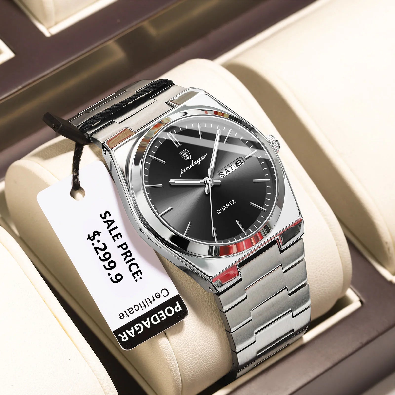 POEDAGAR Luxury Business Watches For Men Stainless Steel Waterproof Luminous Man Watch Date Week Quartz Fashion Men's Wristwatch