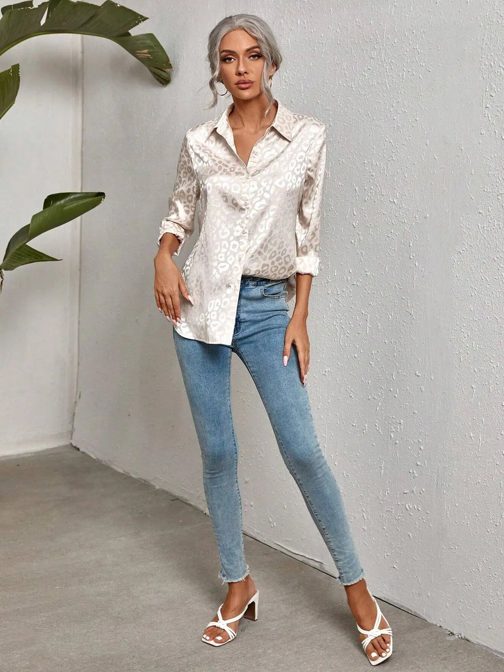 Leopard Jacquard Satin Button Down Shirt for Women, Long Sleeve Elegant Top