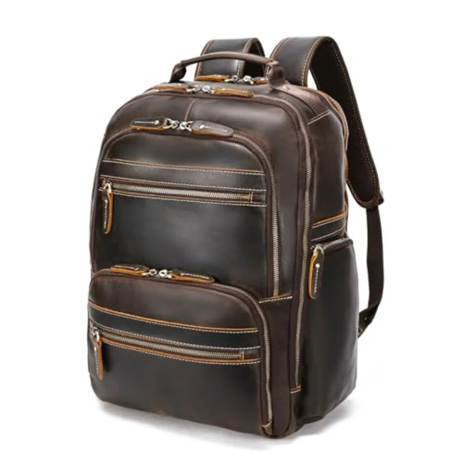 Vintage Full Grain Leather Backpack For Men 17.3'' Laptop Bag Causal Rucksack Shoulder Bag Overnight For Business/Hiking/Travel